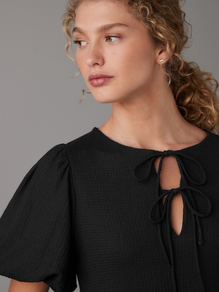 Black Textured Jersey Puff Sleeves Tie Front Detail Mini Dress - Image 4 of 7