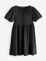 Black Textured Jersey Puff Sleeves Tie Front Detail Mini Dress - Image 5 of 7