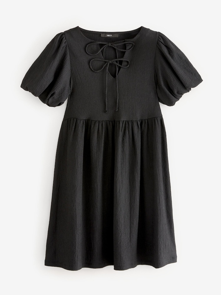 Black Textured Jersey Puff Sleeves Tie Front Detail Mini Dress - Image 5 of 7