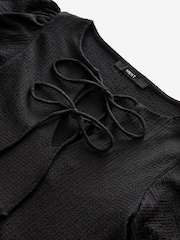 Black Textured Jersey Puff Sleeves Tie Front Detail Mini Dress - Image 6 of 7