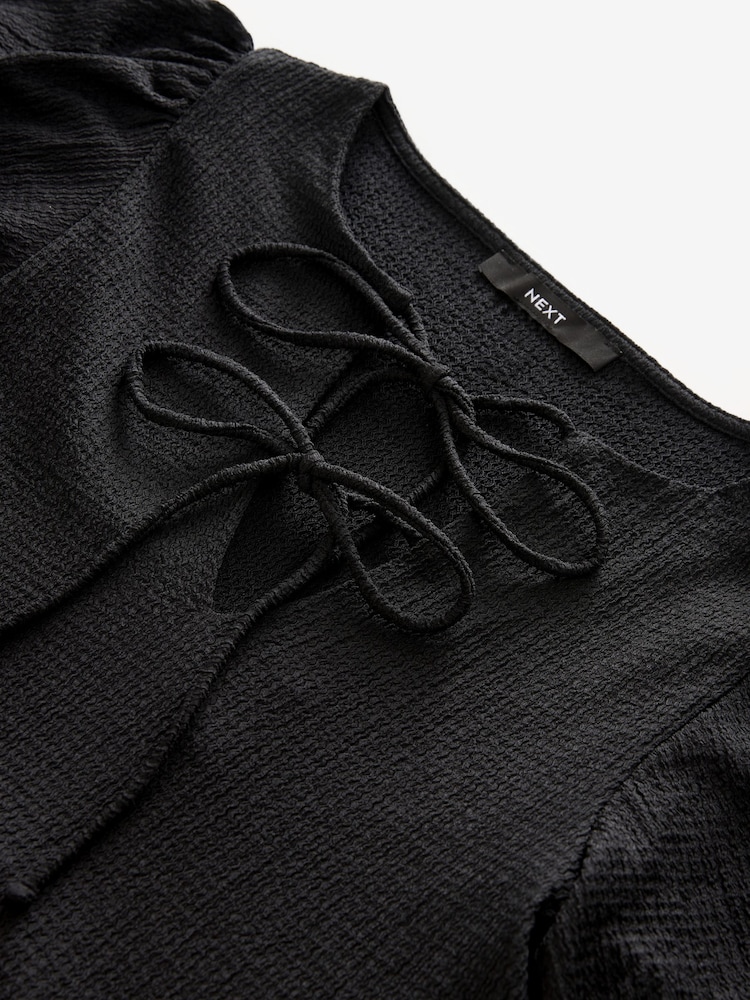 Black Textured Jersey Puff Sleeves Tie Front Detail Mini Dress - Image 6 of 7