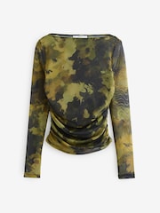 Green Camouflage Long Sleeve Ruched Side Mesh Top - Image 1 of 8