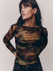 Green Camouflage Long Sleeve Ruched Side Mesh Top - Image 2 of 8