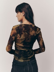 Green Camouflage Long Sleeve Ruched Side Mesh Top - Image 3 of 8