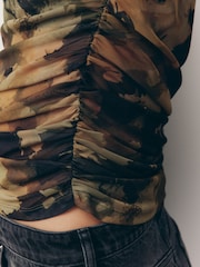 Green Camouflage Long Sleeve Ruched Side Mesh Top - Image 6 of 8