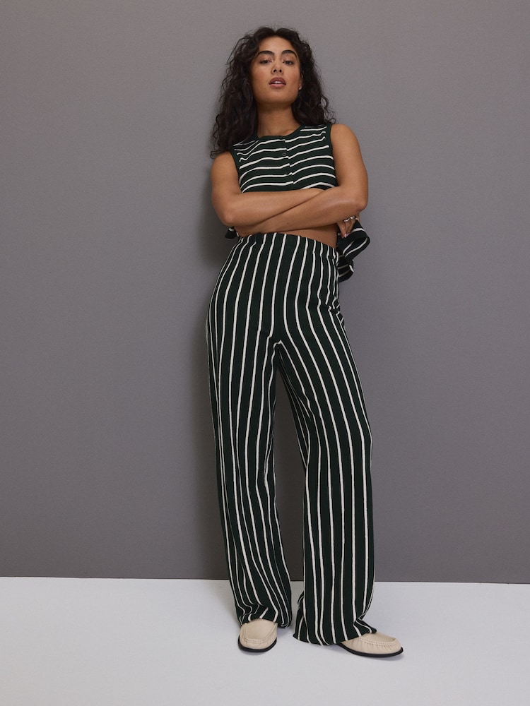 Vert/Ecru - 100% Coton Pantalon d'essuyage rayé à jambes larges - Image 1 of 7