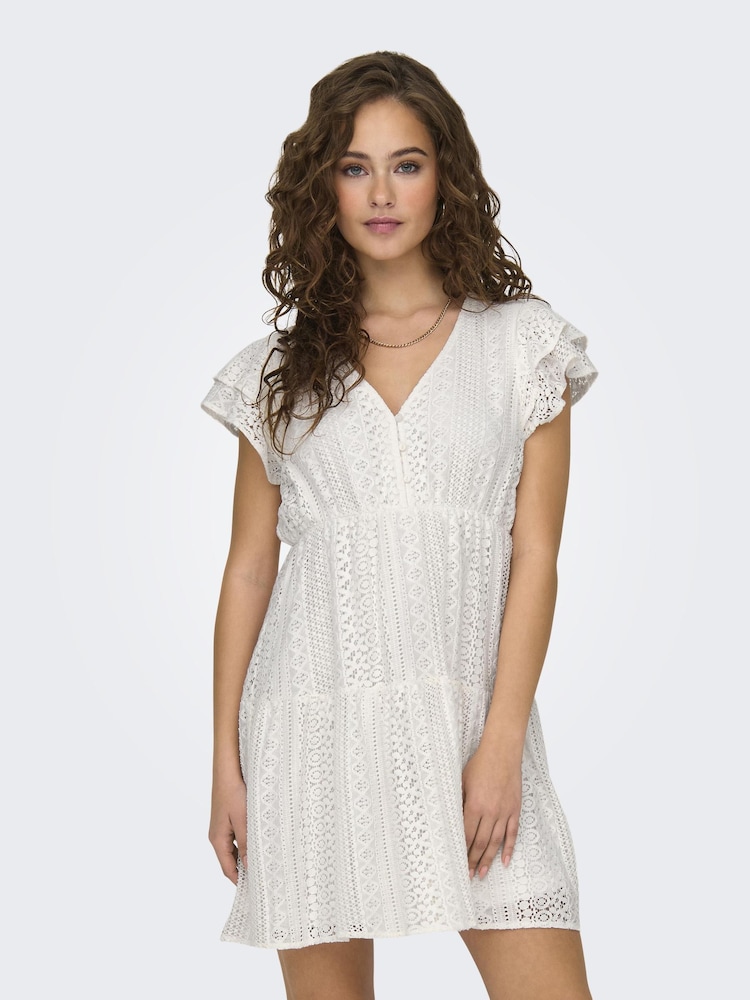 ONLY White Lace Mini Dress with Frill Sleeve - Image 1 of 4