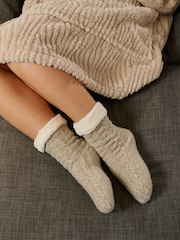 Loungeable Brown Marl Cable Knit Socks With Sherpa Lining - Image 1 of 3