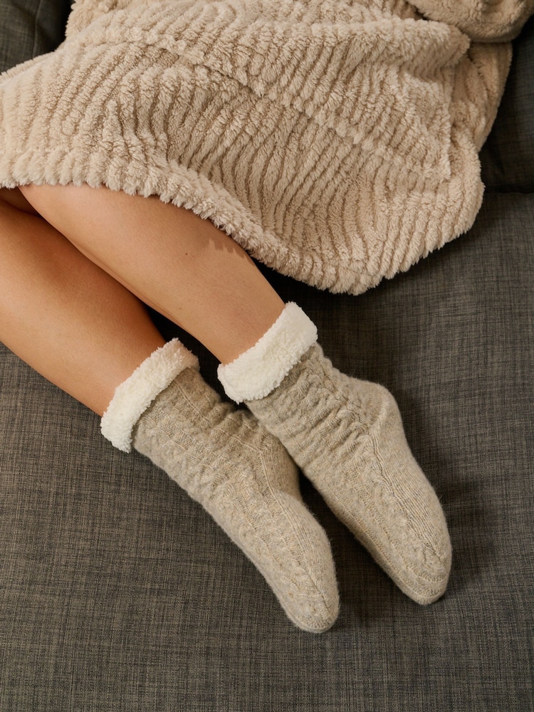 Loungeable Brown Marl Cable Knit Socks With Sherpa Lining - Image 1 of 3