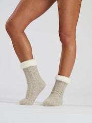 Loungeable Brown Marl Cable Knit Socks With Sherpa Lining - Image 3 of 3