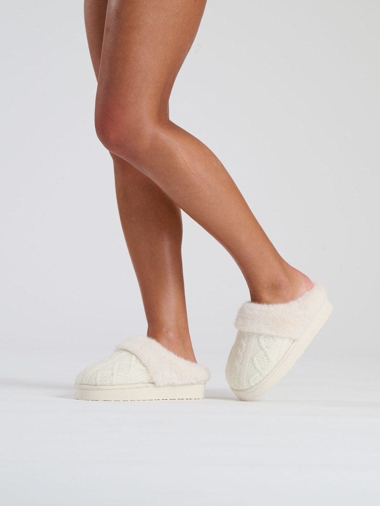 Loungeable Cream Cable Knit Chunky Mule Slippers - Image 2 of 4 Loungeable Cream Cable Knit Chunky Mule Slippers - Image 2 of 4