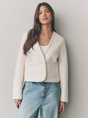 Ecru Boucle Fluffly V-Neck Jacket - Image 1 of 8