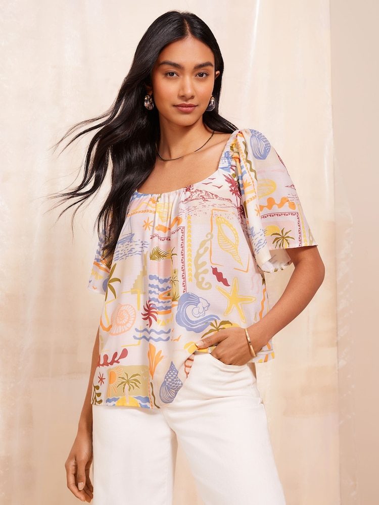 Friends Like These White Postcard Print Bardot Neck Flutter Sleeve Blouse - Image 1 of 4 Friends Like These White Postcard Print Bardot Neck Flutter Sleeve Blouse - Image 1 of 4