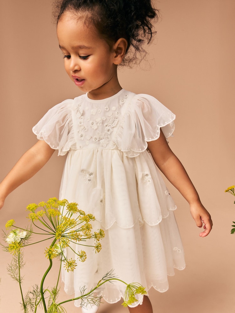 Weiß - Kurzärmliges besticktes Kleid aus Netzstoff (3M.–7J.) - Bild 1 von 4 Weiß - Kurzärmliges besticktes Kleid aus Netzstoff (3M.–7J.) - Bild 1 von 4