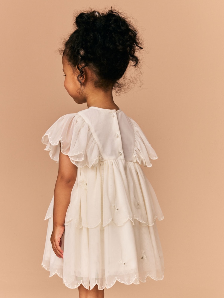 White Short Sleeve Embroidered Mesh Dress (3mths-7yrs) - Image 3 of 4