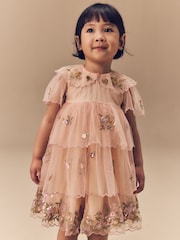 Peach Pink Short Sleeve Mesh Embellished Dress (3mths-7yrs) - Image 1 of 15