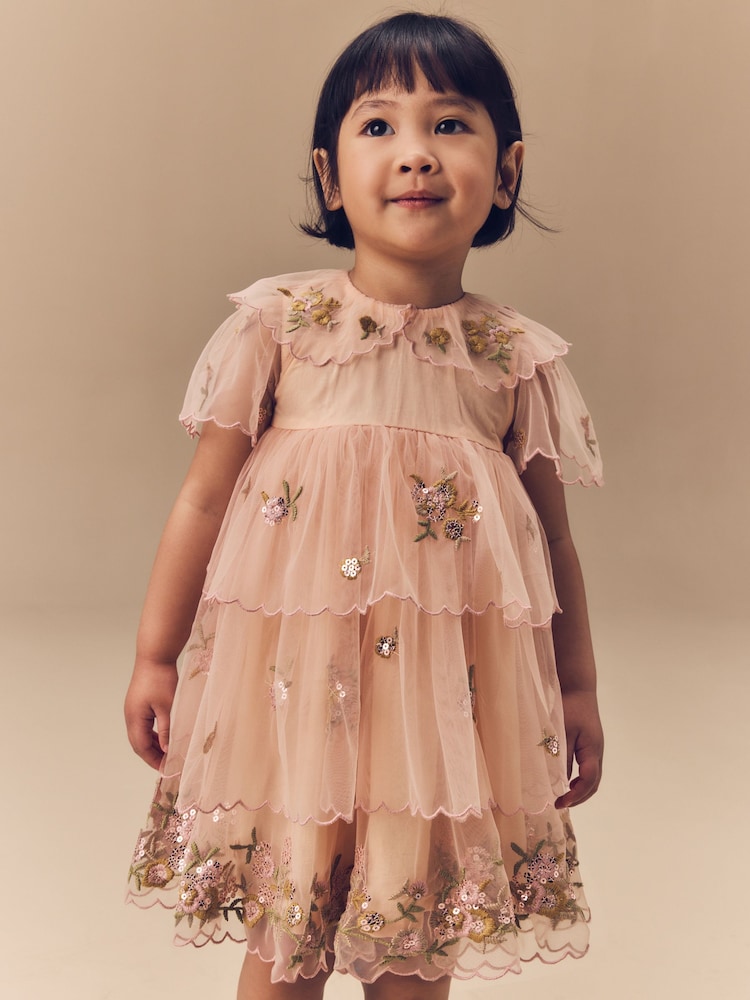 Peach Pink Short Sleeve Mesh Embellished Dress (3mths-7yrs) - Image 1 of 15