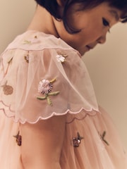 Peach Pink Short Sleeve Mesh Embellished Dress (3mths-7yrs) - Image 10 of 15