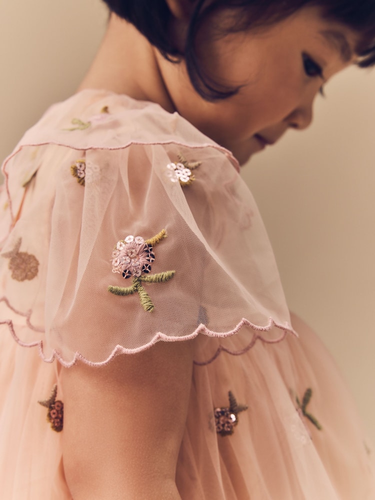Peach Pink Short Sleeve Mesh Embellished Dress (3mths-7yrs) - Image 10 of 15