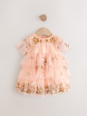 Peach Pink Short Sleeve Mesh Embellished Dress (3mths-7yrs) - Image 11 of 15