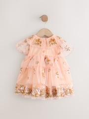 Peach Pink Short Sleeve Mesh Embellished Dress (3mths-7yrs) - Image 12 of 15