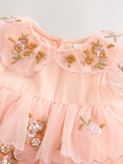 Peach Pink Short Sleeve Mesh Embellished Dress (3mths-7yrs) - Image 13 of 15