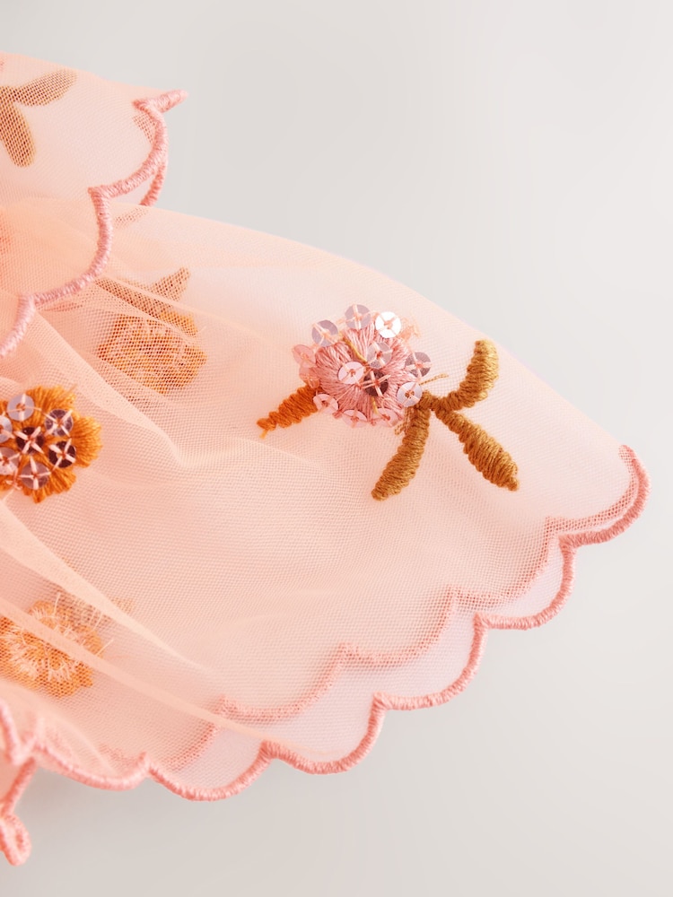 Peach Pink Short Sleeve Mesh Embellished Dress (3mths-7yrs) - Image 14 of 15