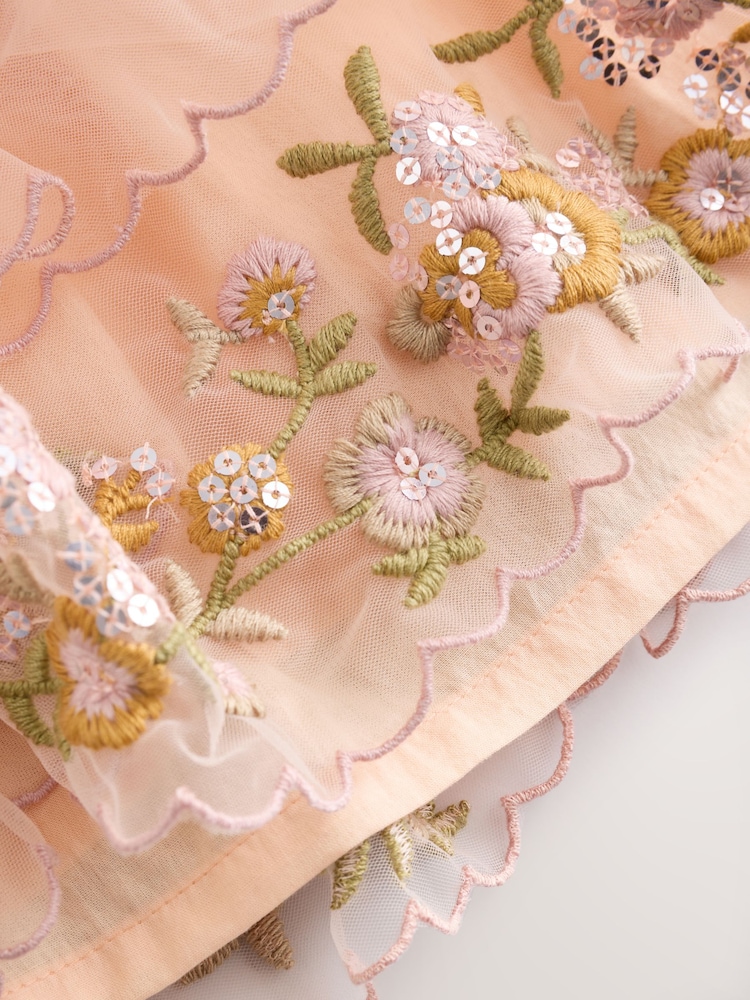 Peach Pink Short Sleeve Mesh Embellished Dress (3mths-7yrs) - Image 15 of 15
