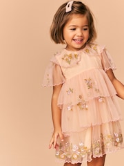 Peach Pink Short Sleeve Mesh Embellished Dress (3mths-7yrs) - Image 2 of 15