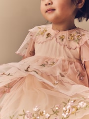 Peach Pink Short Sleeve Mesh Embellished Dress (3mths-7yrs) - Image 3 of 15