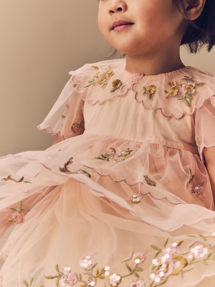 Peach Pink Short Sleeve Mesh Embellished Dress (3mths-7yrs) - Image 3 of 15