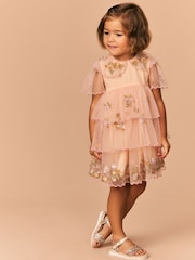 Peach Pink Short Sleeve Mesh Embellished Dress (3mths-7yrs) - Image 4 of 15