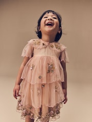 Peach Pink Short Sleeve Mesh Embellished Dress (3mths-7yrs) - Image 5 of 15