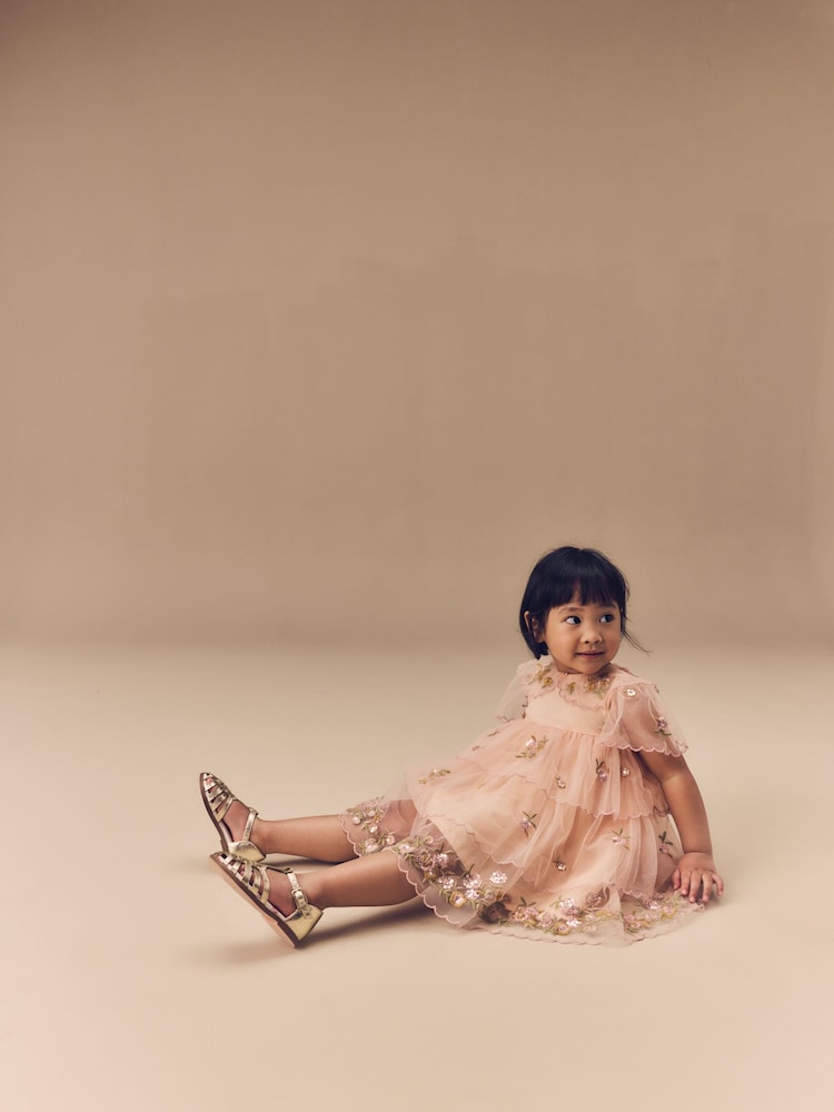 Peach Pink Short Sleeve Mesh Embellished Dress (3mths-7yrs) - Image 6 of 15