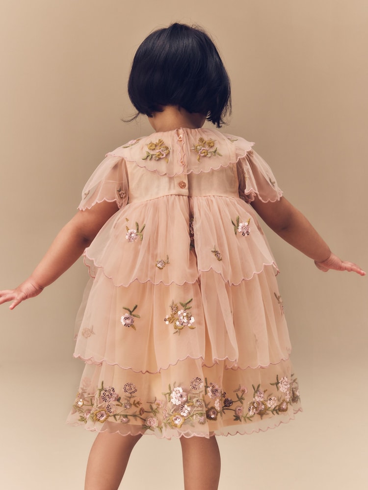 Peach Pink Short Sleeve Mesh Embellished Dress (3mths-7yrs) - Image 7 of 15