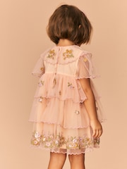 Peach Pink Short Sleeve Mesh Embellished Dress (3mths-7yrs) - Image 8 of 15