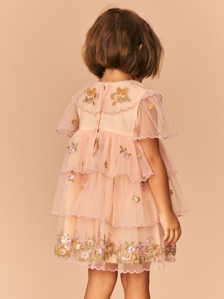 Peach Pink Short Sleeve Mesh Embellished Dress (3mths-7yrs) - Image 8 of 15
