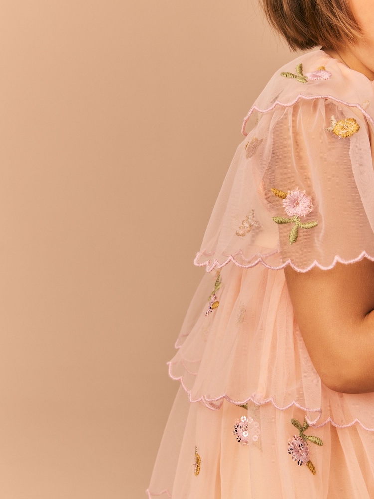 Peach Pink Short Sleeve Mesh Embellished Dress (3mths-7yrs) - Image 9 of 15