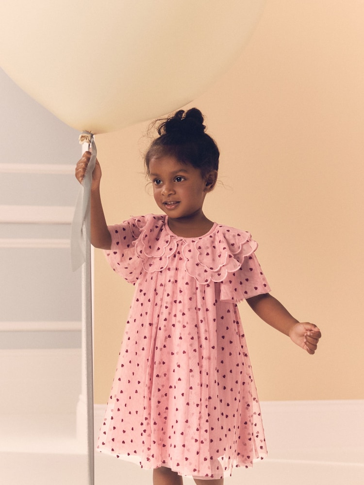 Pink Heart Collar Mesh Party Dress (3mths-7yrs) - Image 1 of 9