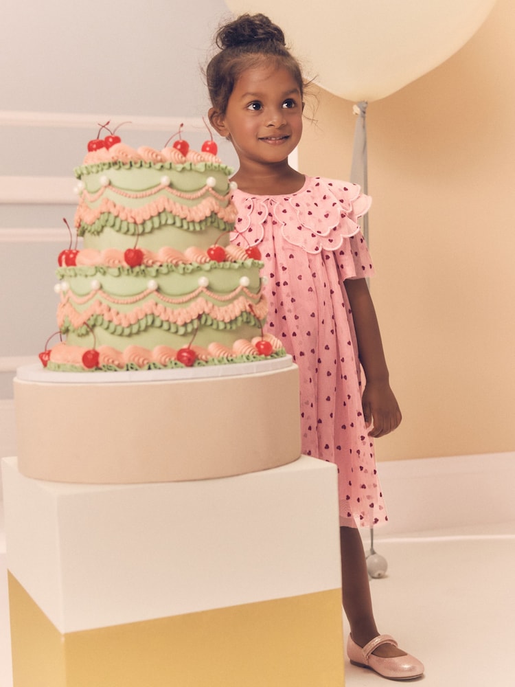 Pink Heart Collar Mesh Party Dress (3mths-7yrs) - Image 3 of 9