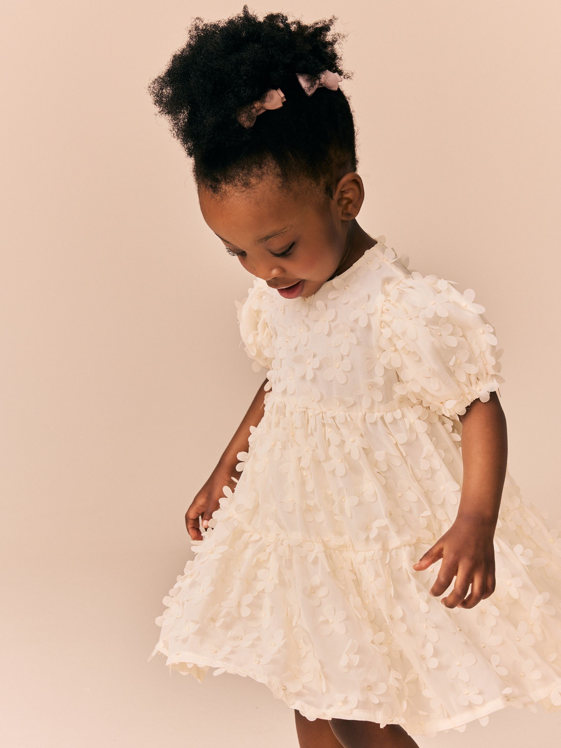 Buy Ecru White Short Sleeve 3D Flowers Dress (3mths-8yrs) from