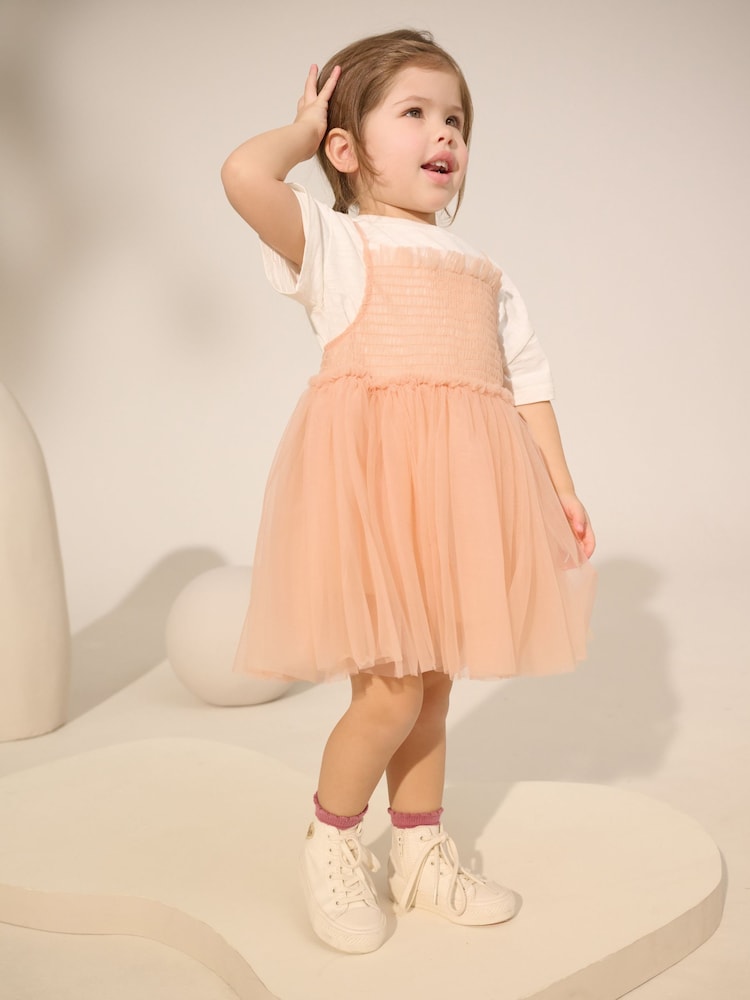 Peach Pink Short Sleeve Mesh Dress & T-Shirt Set (3mths-7yrs) - Image 1 of 8