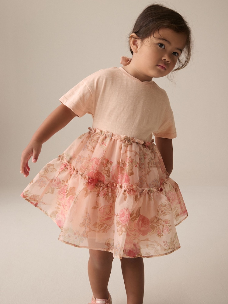 Pink Floral Short Sleeve Mesh Dress (3mths-7yrs) - Image 1 of 6