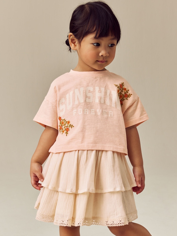Peach Pink 100% Cotton T-Shirt & Skirt Set (3mths-7yrs) - Image 1 of 8 Peach Pink 100% Cotton T-Shirt & Skirt Set (3mths-7yrs) - Image 1 of 8