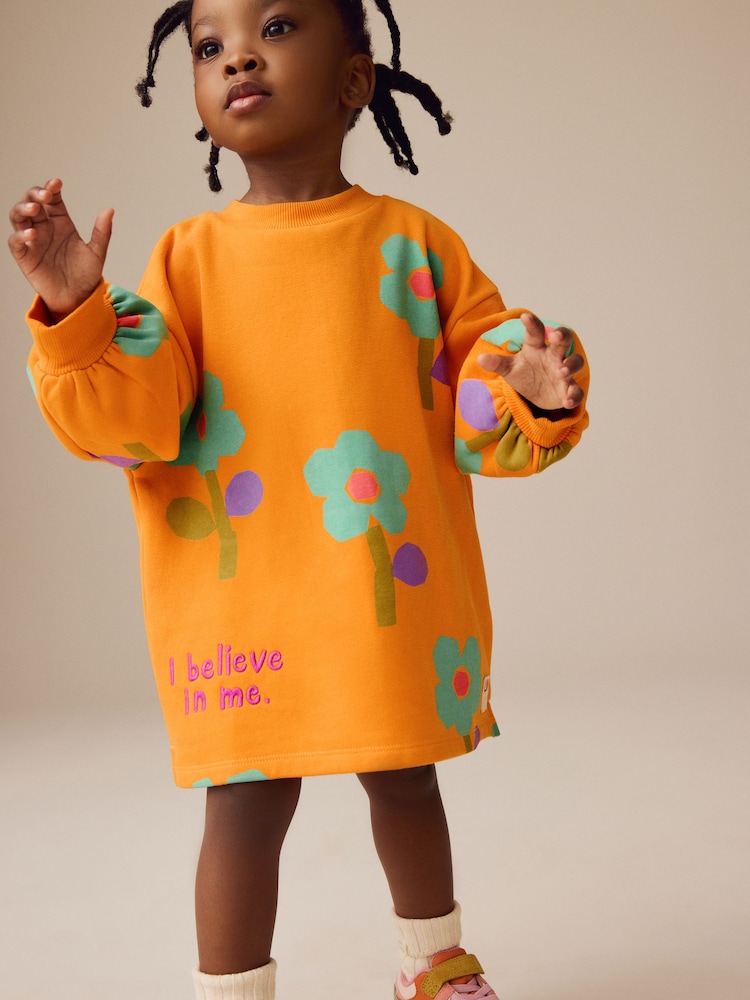 Orange Floral Long Sleeve Sweat Dress (3mths-7yrs) - Image 1 of 10