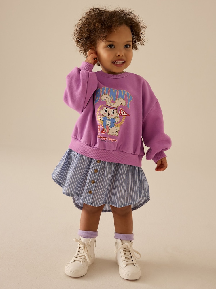 Blue/Pink Bunny Long Sleeve Shirt Sweat Dress (3mths-7yrs) - Image 2 of 7