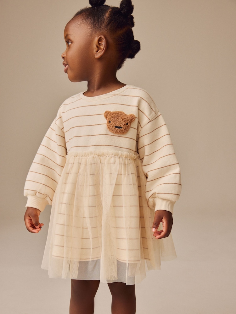 Neutral Bear Long Sleeve Sweat Mesh Dress (3mths-7yrs) - Image 1 of 8