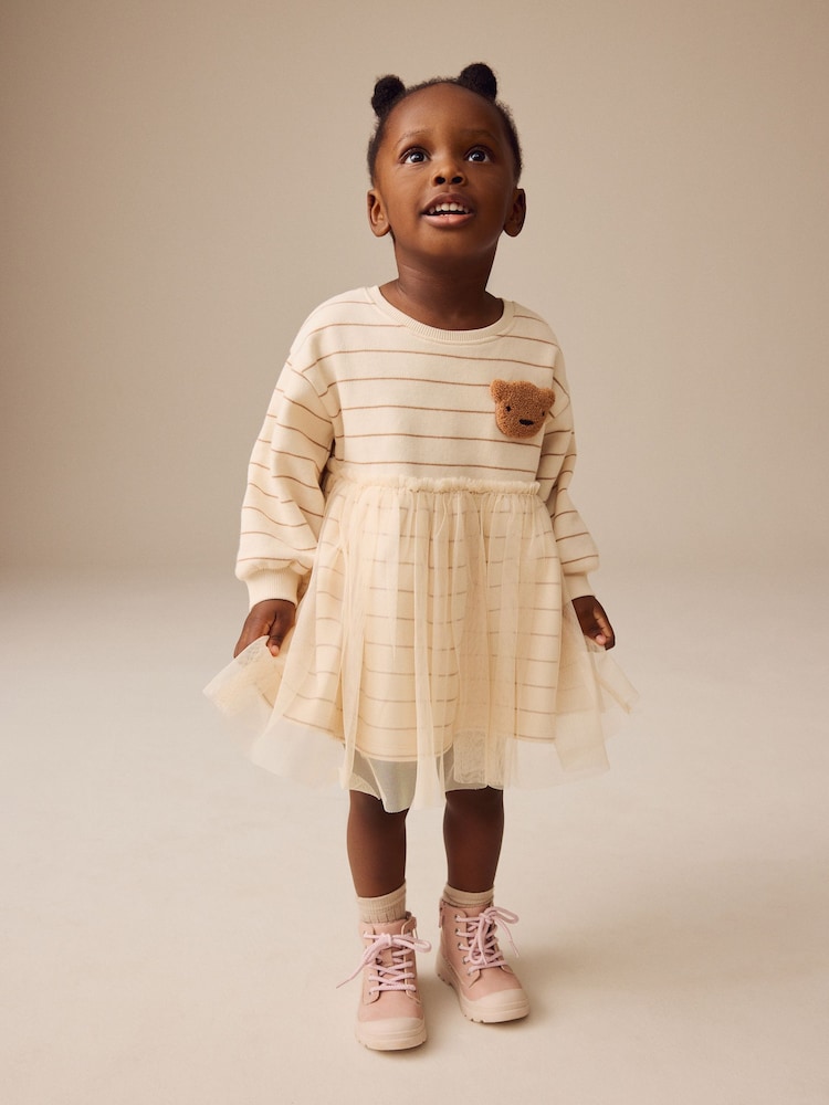 Neutral Bear Long Sleeve Sweat Mesh Dress (3mths-7yrs) - Image 2 of 8