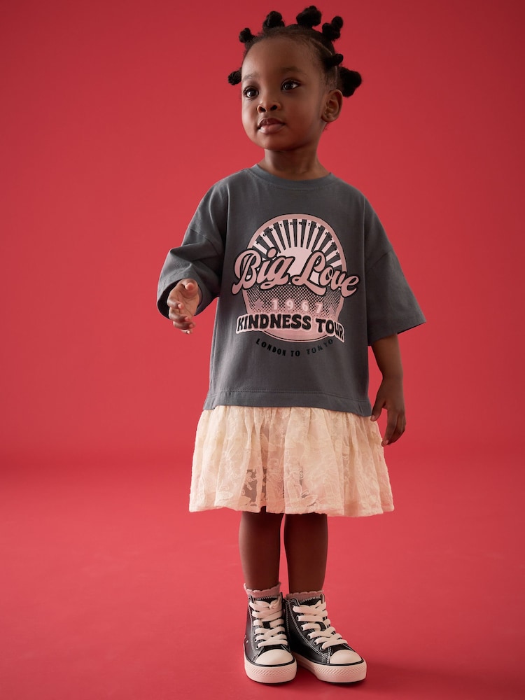 Charcoal Grey Short Sleeve Mesh Dress (3mths-7yrs) - Image 1 of 8