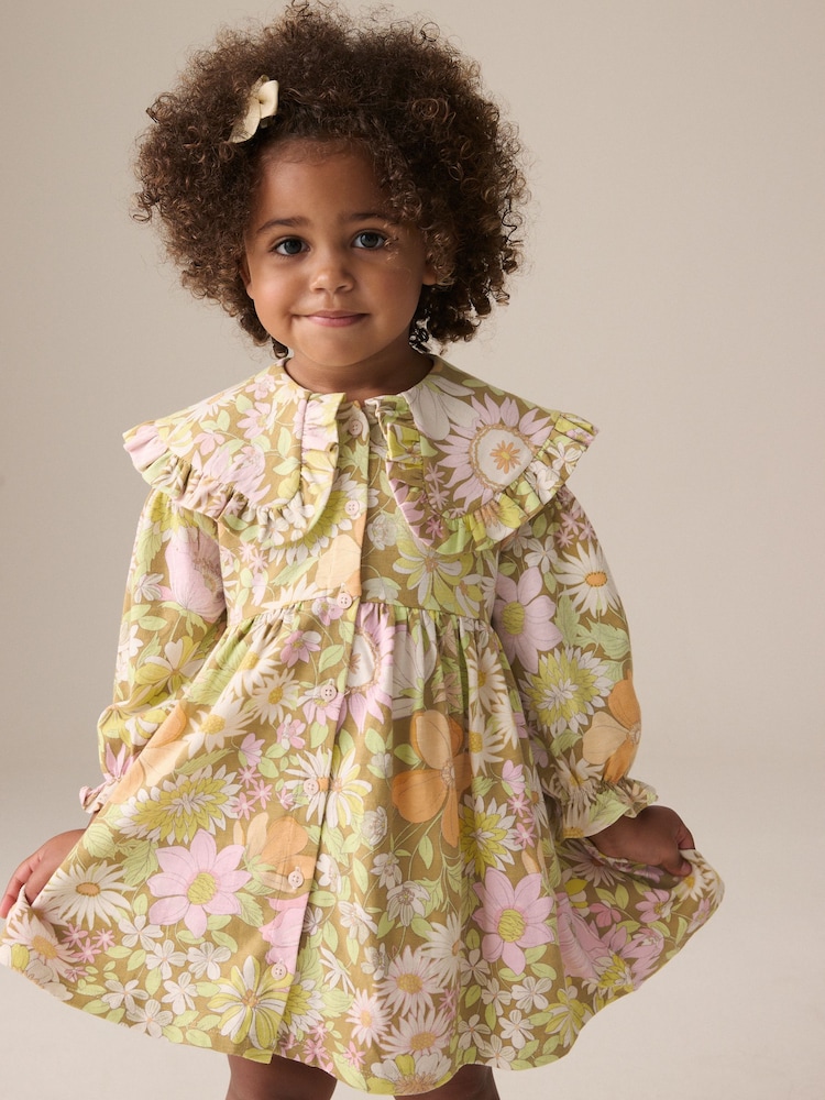 Green Floral Long Sleeve Collar Dress (3mths-7yrs) - Image 1 of 8